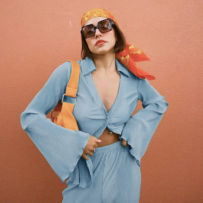 

Retro Loose Women Pajamas Set Pleated Bell-sleeved Shirt High Waist Wide Leg Pants Two-piece Set Sleepwear for Female Home Suit