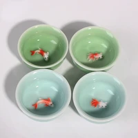50ml porcelain chinese ceramic kungfu tea cup celadon azuregreen creative carp goldfish small teacup drinkware wholesale