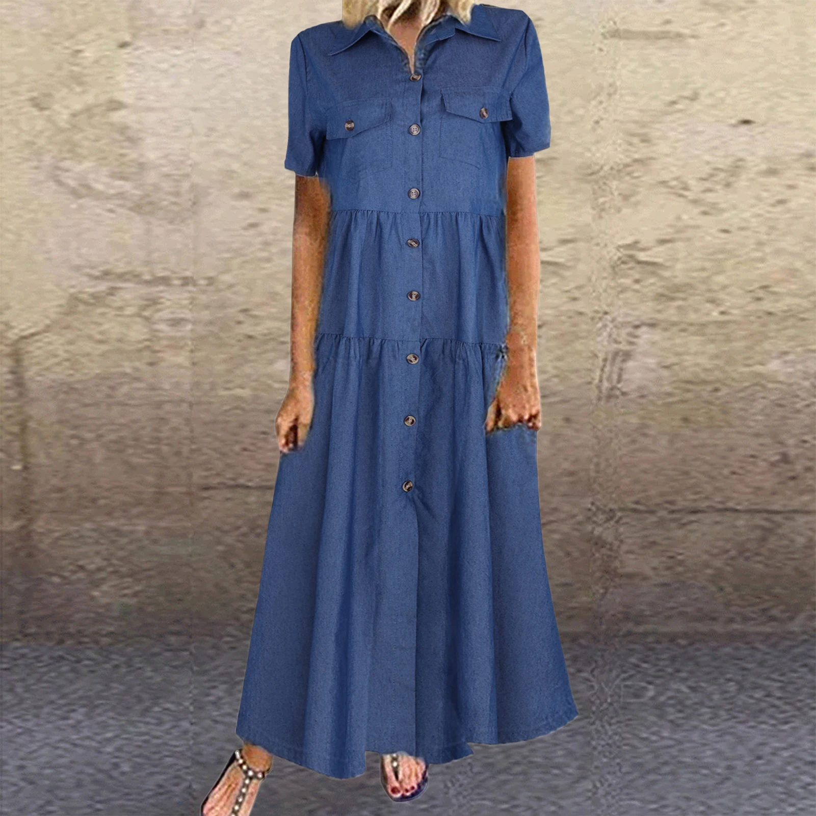 

Женское классическое синее платье в стиле бохо, однобортное платье с отложным воротником и коротким рукавом, с карманами, классическое синее платье, наряд