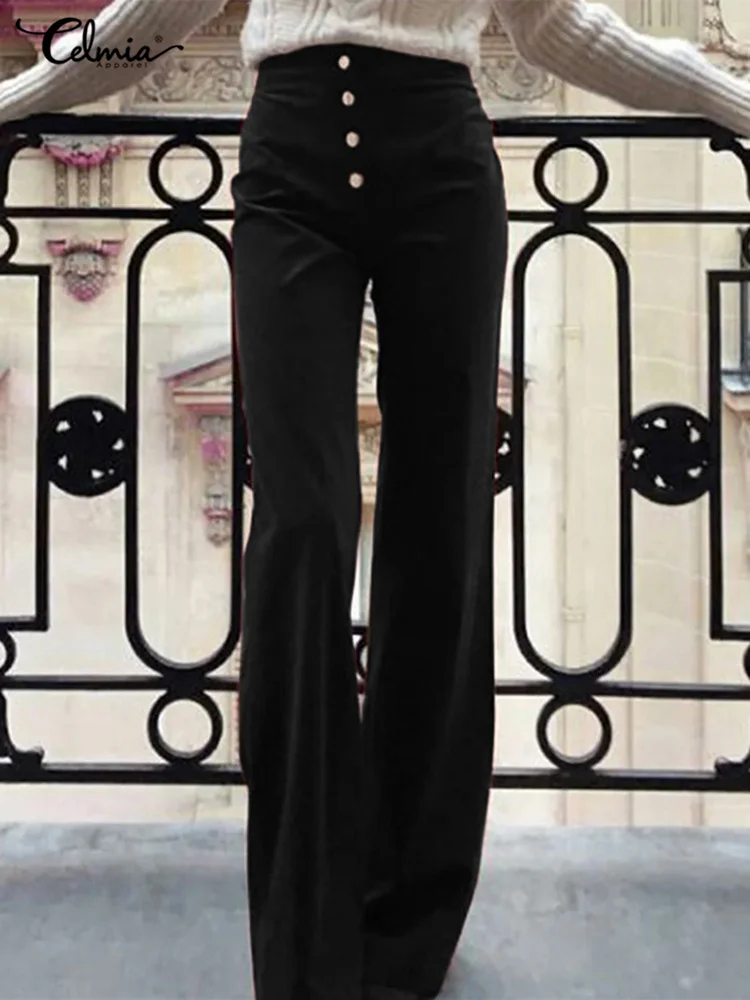 

Women Wide Leg Long Trouser Celmia Vintage 2022 Summer Fashion High Waist Buttons Pants Casual Loose Flared Solid Color Pantalon