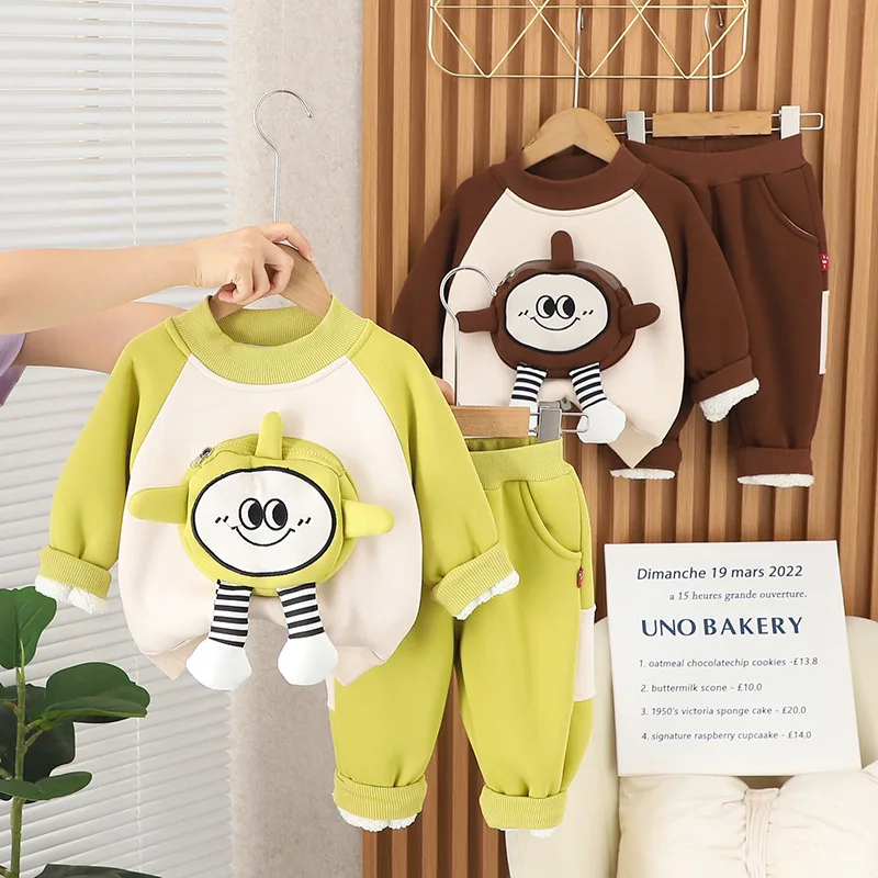 

Теплый комплект одежды для мальчиков, зимний детский плотный бархатный свитшот, пальто и штаны, спортивный костюм из 2 предметов для маленьких девочек, милый костюм, детская одежда