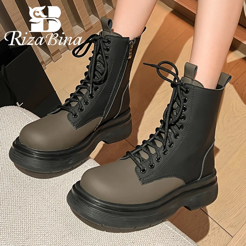

RIZABINA New Women Short Boots Real Leather Mix Color Winter Ankle Boots Woman Winter Daily Shoes Ladies Footwear Size 34-40