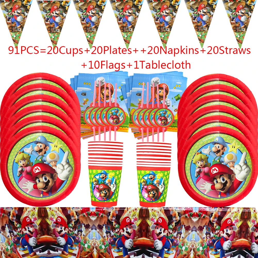 

New Mario Theme Birthday Party Supply Set Cups Plates Straws Disposable Tableware Tablecloth Baby Shower Party Decor Boys Girls