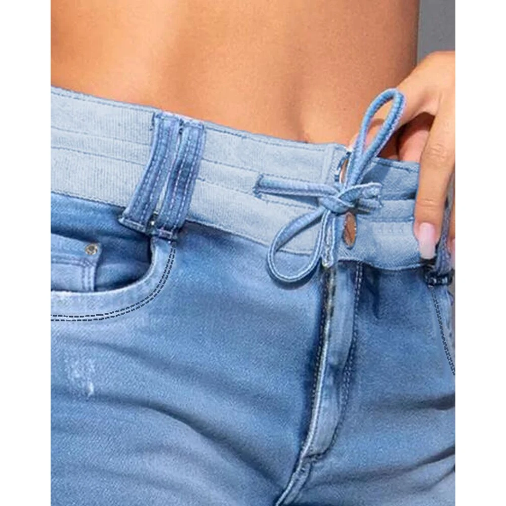 Summer Women Contrast Binding Ripped Drawstring Denim Skorts Fashion Femme Casual Washed Hot Pants Shorts Skirt Streetwear