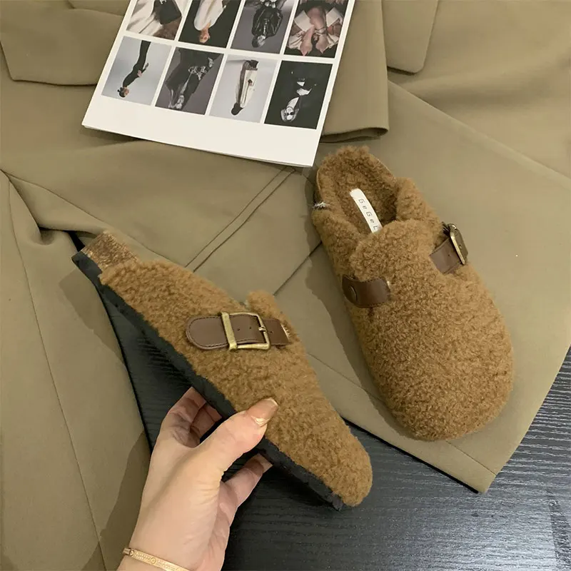 

Plush Muller Shoes Half Slipper For Women 2022 Fashion Designed Belt Buckle Furry Indoor Slippers Winter Warm Keeping Shoes