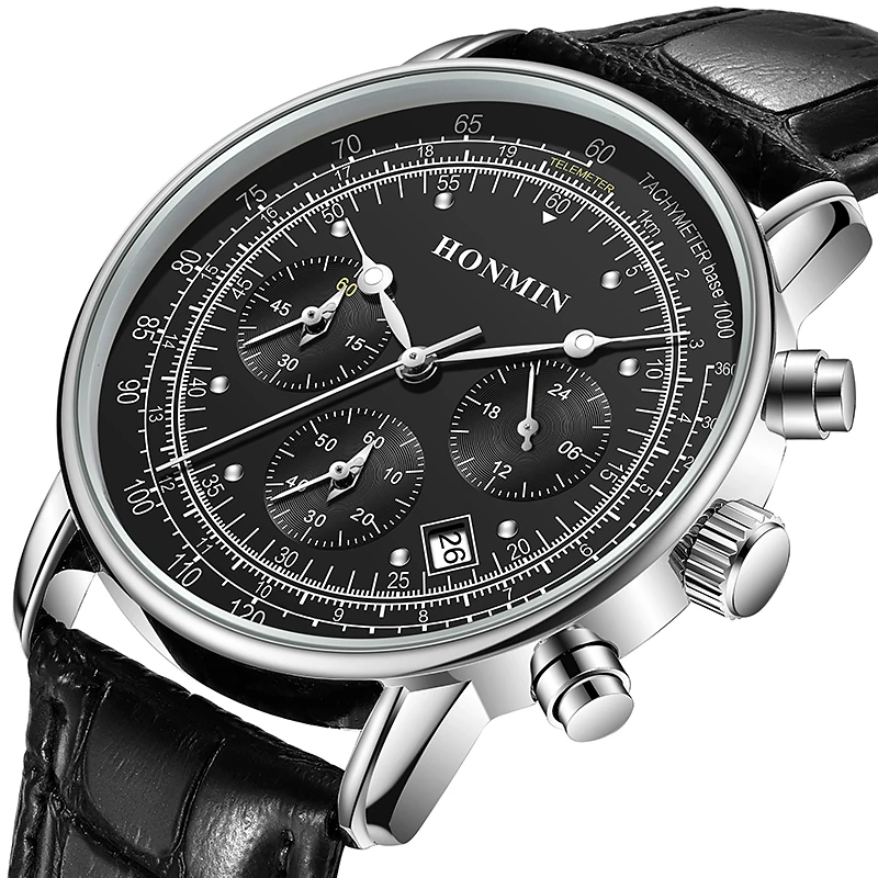 

New Fashion Business Luxury Brand HONMIN Genuine Multifunctional Full-automatic Calendar Quartz Watch Waches Men Relogio