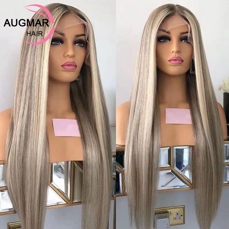 Фото Парик из натуральных волос 13x4 Ash Blonde, 30 дюймов, прямой парик с прозрачной коричневой мелировкой 13x6, парик с кружевной передней частью из натуральных волос №2