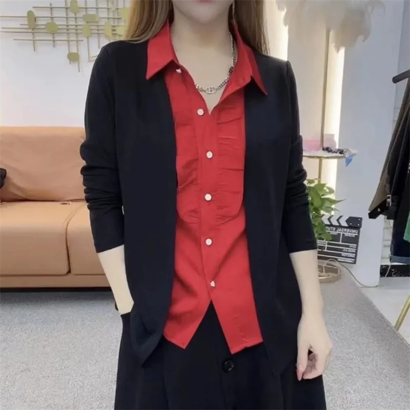 Весенне-осенний женский модный лоскутный топ элитная женская свободная рубашка