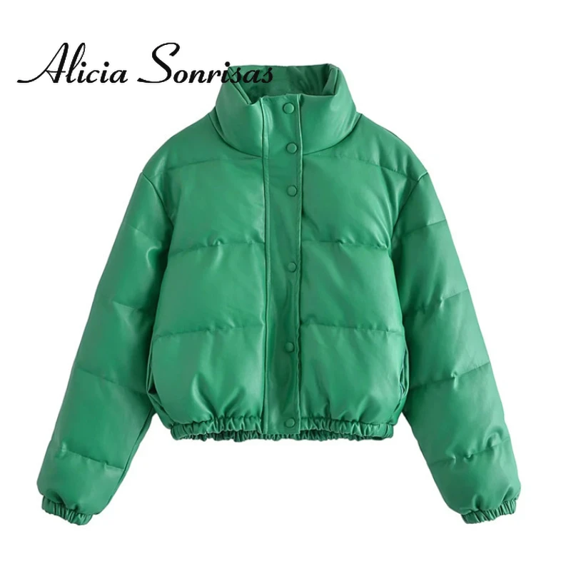 

Green Winter Jacket Women Street Style Urban Leisure Fashion Simple Cotton High Quality PU Leather Parkas