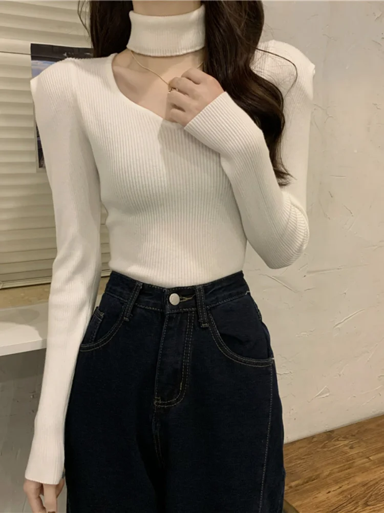 

Женский свитер с пышными рукавами, однотонный ажурный облегающий пуловер с лямкой на шее, в Корейском стиле, Осень-зима 2023