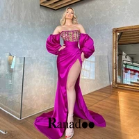 purple satin mermaid puff sleeve side slit evening dresses sequins strapless lacing up dresses for women 2022 customised