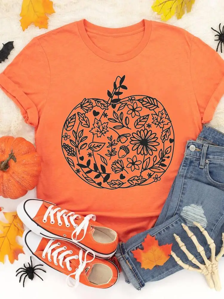 

Fashion Fall Halloween Autumn Casual T-shirts Clothes Flower Floral Pumpkin Women Female T Clothing Ladies Print Graphic Tee