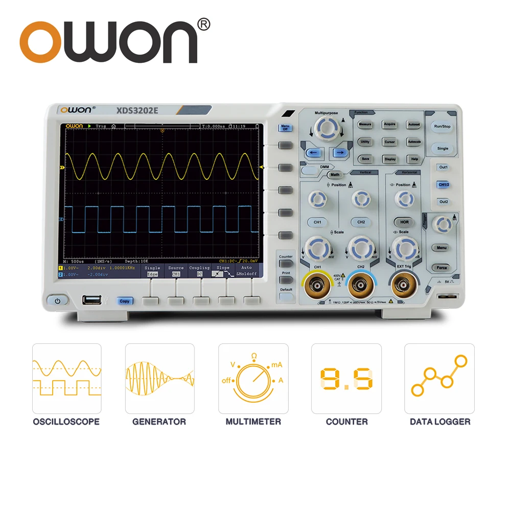 

Owon XDS3202E Digital Oscilloscope 2 Channels 8bits 200Mhz Bandwidth 1GS/s 8"Inch USB I2C SPI RS232 CAN 2CH Oscilloscopes