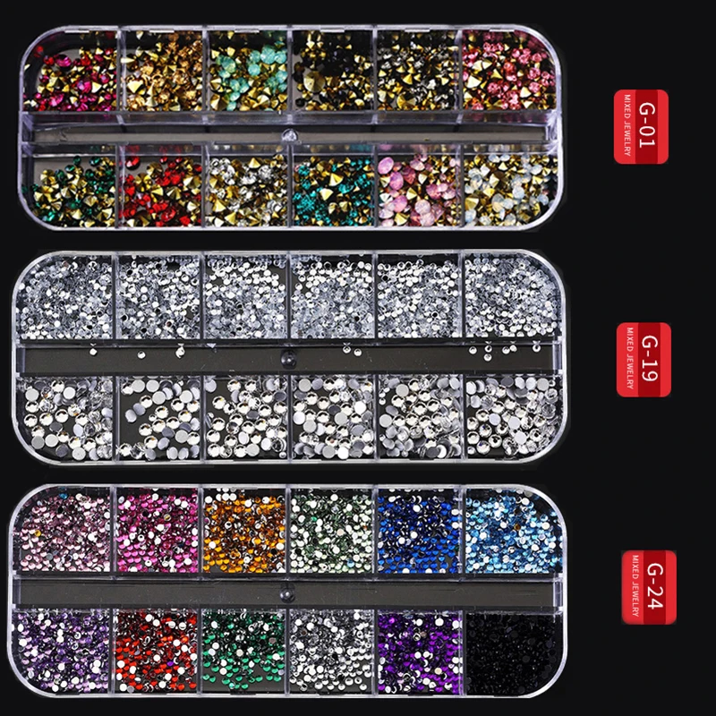 

12 Grid Nails art accesorios AB Clear Rhinestones 3D glitter gems Pearl DIY manicure decoration nail supplies for professionals