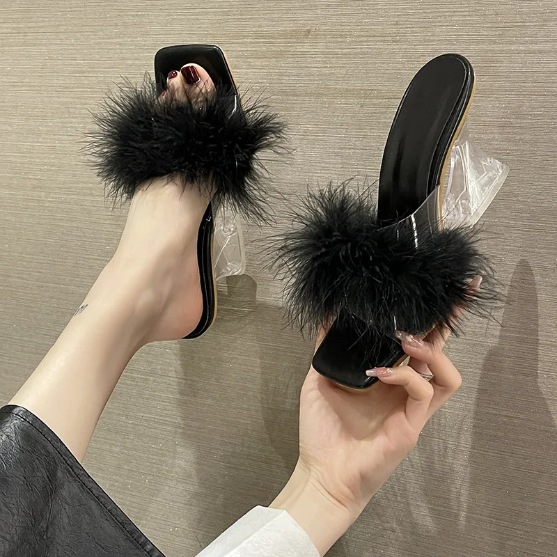 New Summer Fashion Fluffy Furry Women Slippers Female Gladiator Sandals Party Banquet Mules High Heels Slides Shoes High Heels