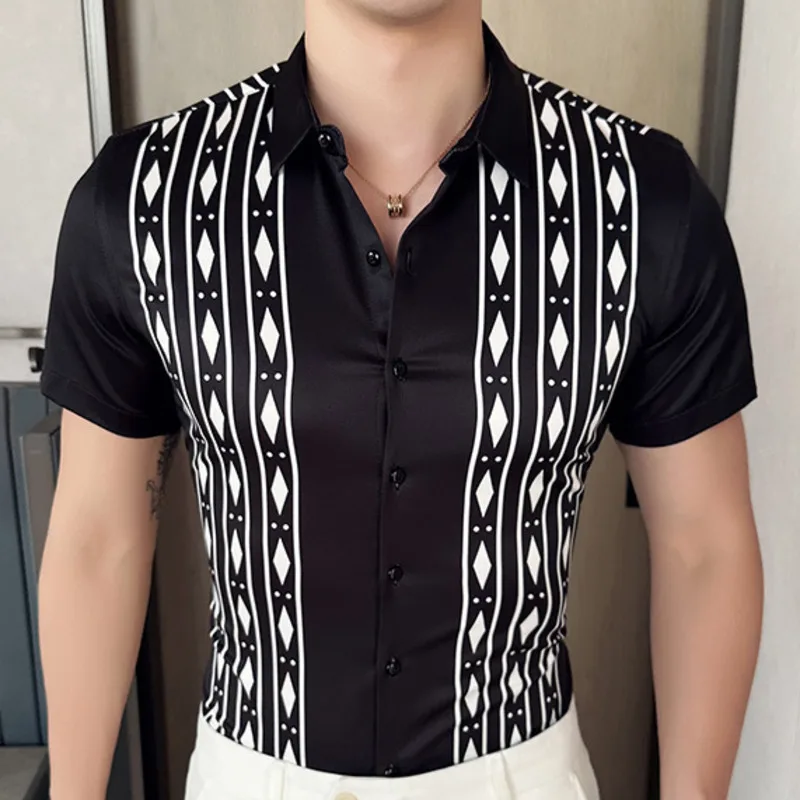 

2023 Summer Short Sleeved Shirt For Men Black White Contrast Slim Fit Business Casual Dress Shirts Social Party Tuxedo Blouse