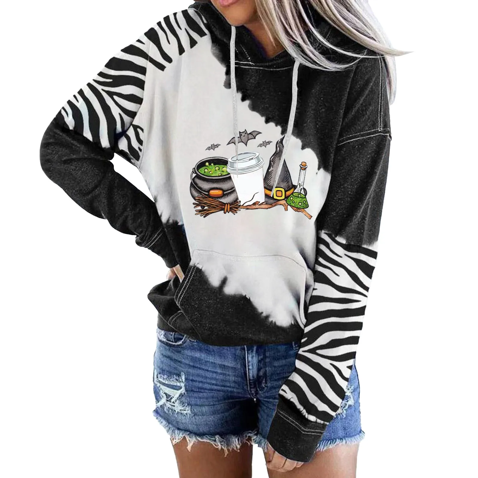 

Tie Womens Hoodie Halloween Women's Long Sleeve Everyday Print Sweatshirt Long Sweatshirt Hooded Drawstring Clothe Top
