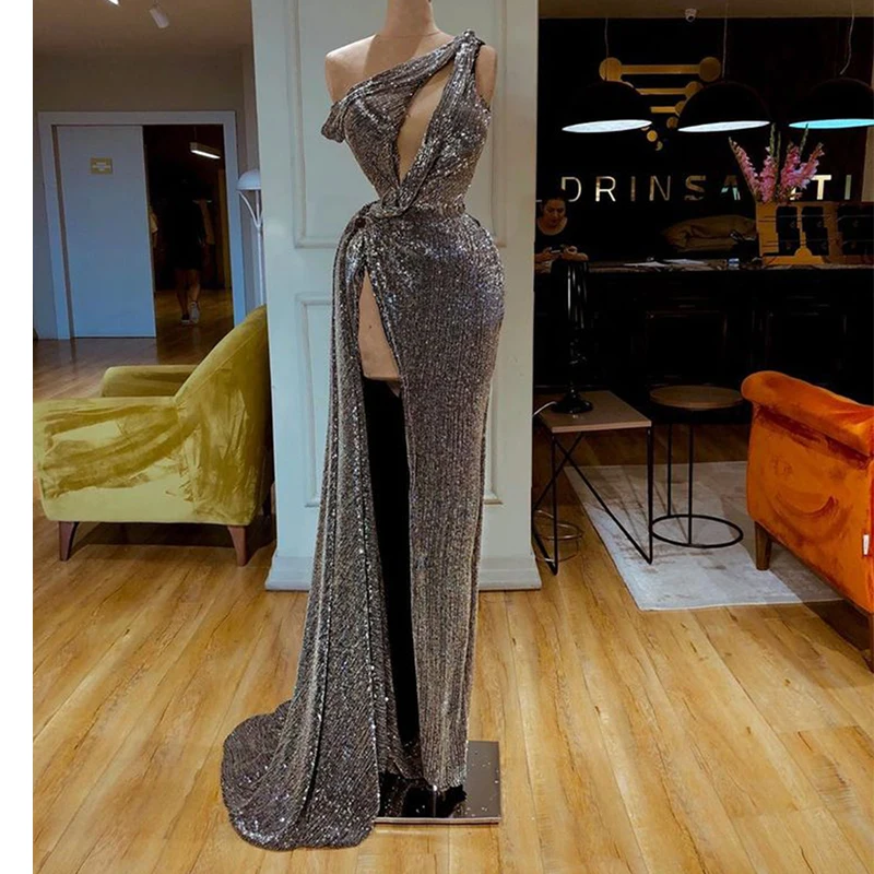 

2022 Sexy Mermaid Prom Dresses Off Shoulder High Split Sequins Sparkly Formal Party Dress Evening Dress Robe De Soirée