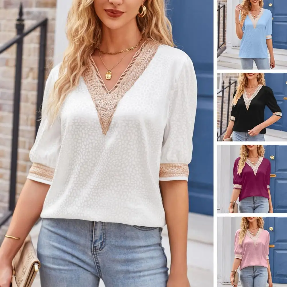 

Women Summer T-shirt Half Sleeve Contrast Color V Neck Patchwork Pullover Loose Casual Lace Mid Length Female Top Clothes