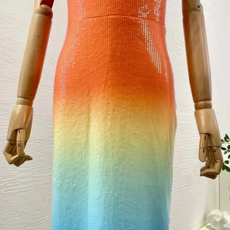 Женское платье миди без рукавов оранжевое синее Радужное модное миди-платье с