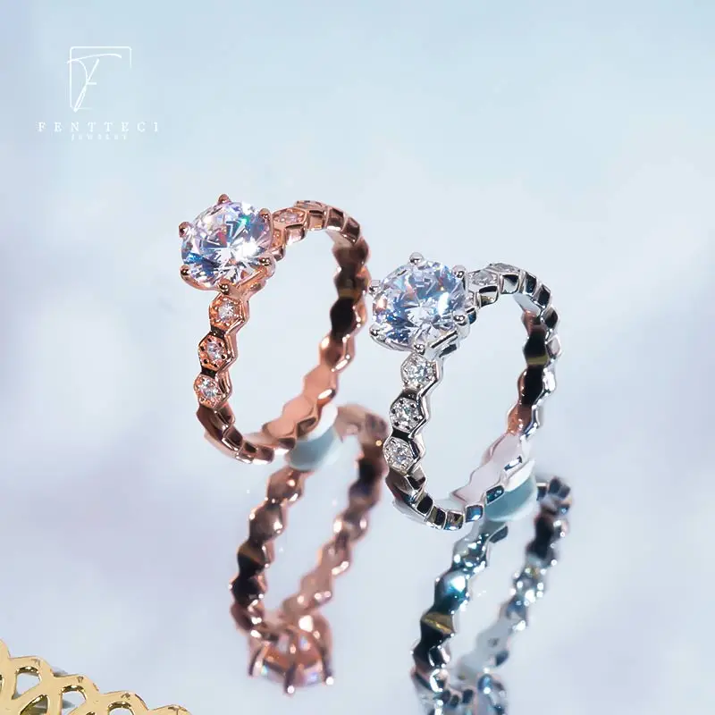 FENTTECI 925 Sterling Silver Real Moissanite Honeycomb Ring 1 Carat Fashion Elegant Female Christmas Party Gift Wedding Proposal