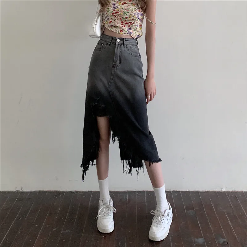 

New Skirts Women Side-slit Vintage 2022 Summer New High Waist Preppy Style Korean Cozy Denim Simple Faldas Cool ins