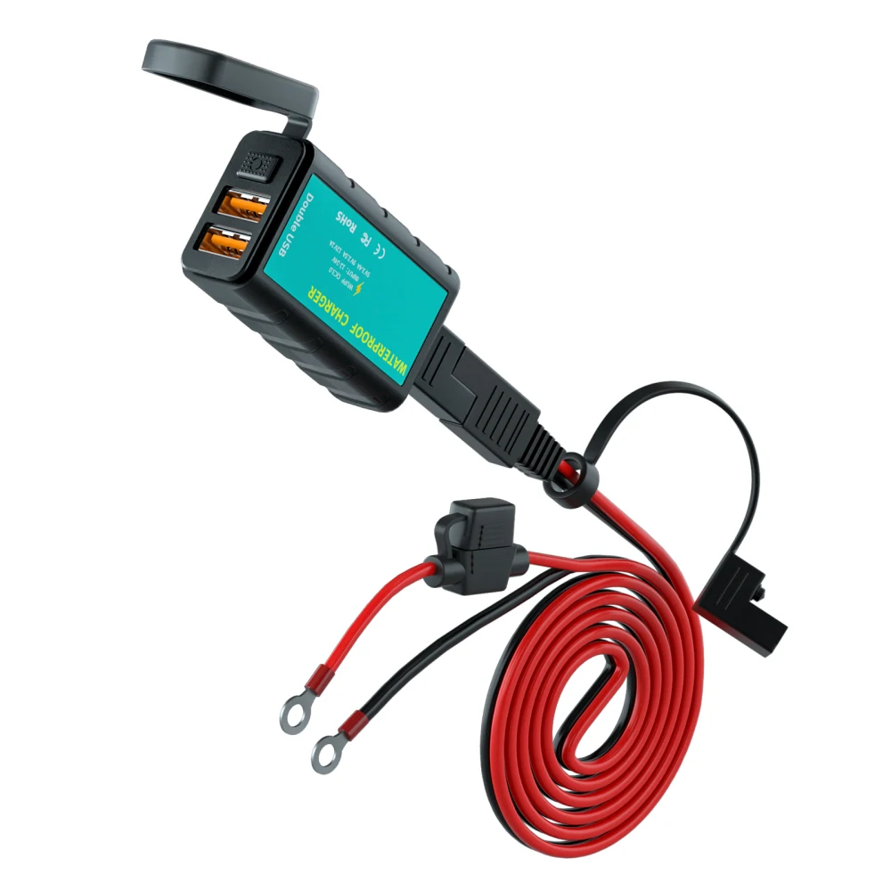 

12V Double QC3.0 Square Charger Waterproof Charging Adapter Fast Accessories With Voltmeter Switch 12v 1pcs Motorcycle SAE Plug