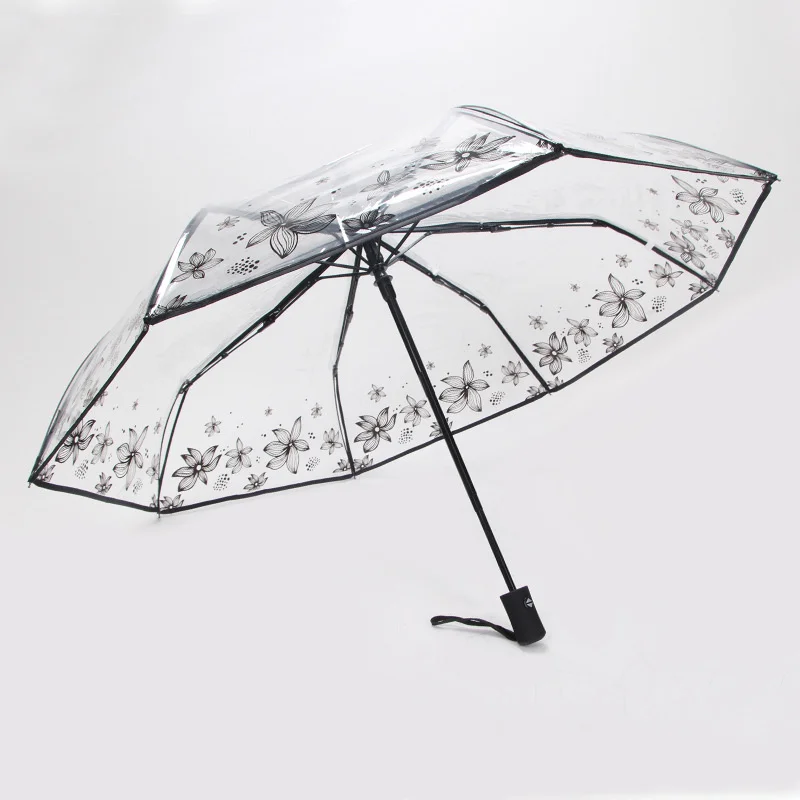 

Transparent Flower Umbrella Three Fold Fully Automatic Umbrella Floral Paraguas Transparente Mujer
