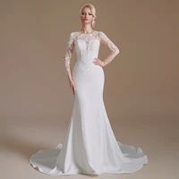 elegant lace appliques pattern o neck long sleeves mermaid autumn wedding dress for bride button back jersey vestido de novia