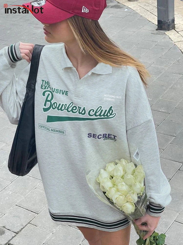 

InstaHot Y2K Letter Print Sweatshirt Women Casual Harajuku Pullovers Turndown Neck Long Sleeve Loose Top Party Sports Streetwear
