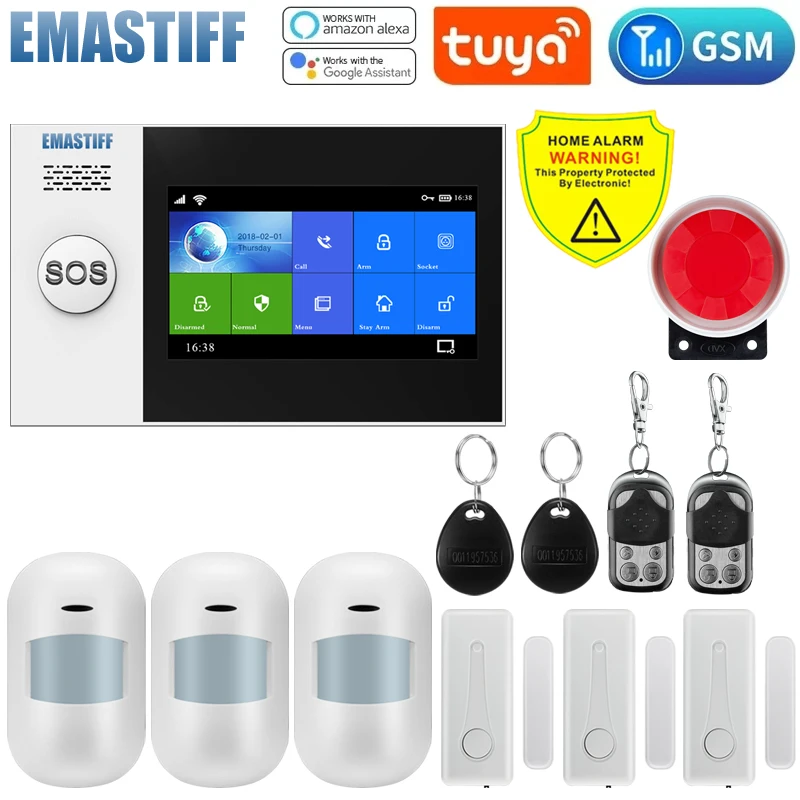 

433MHz Wireless Tuya WIFI GPRS Touch Screen Smart Home Burglar Security Alarm Systems with Siren Smoke Detector Door Sensor