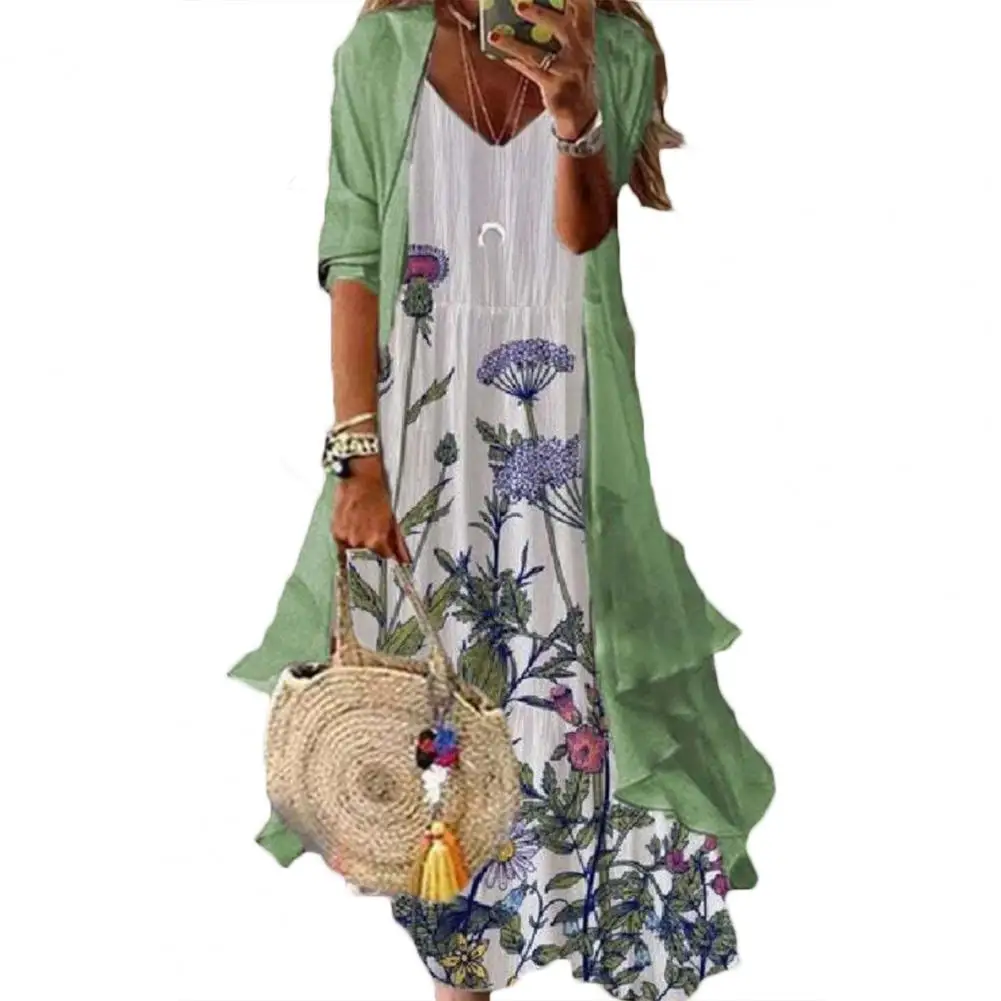 

2Pcs/Set Ink Flower Print A-line Flowy Large Hem Dress Cardigan Set Sling V-neck Long Dress Long Sleeve Chiffon Shawl Set Ladies