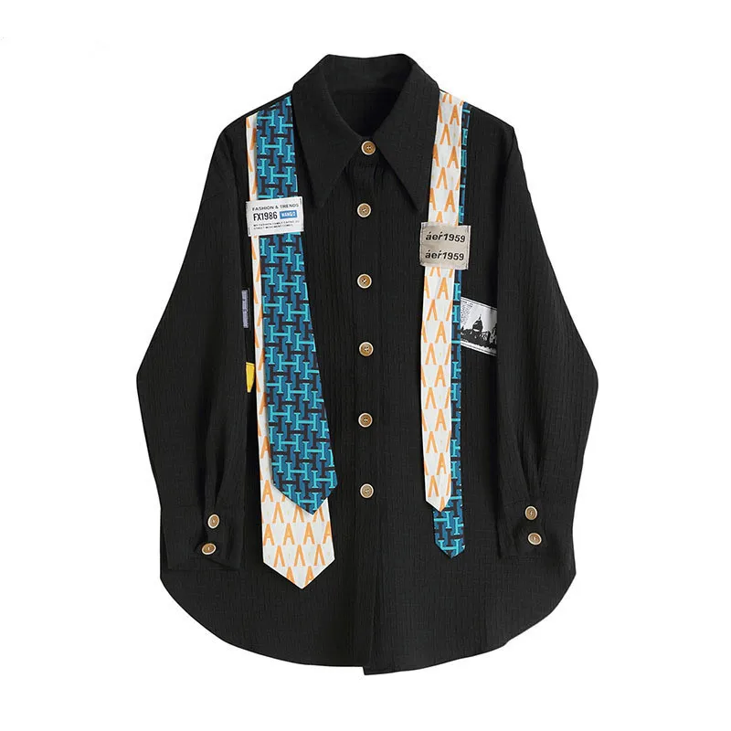 

Vintage Women Blouses Spring Autumn Personality Tie Splice Tops New Lapel Single Breasted Casual Black Shirts Female