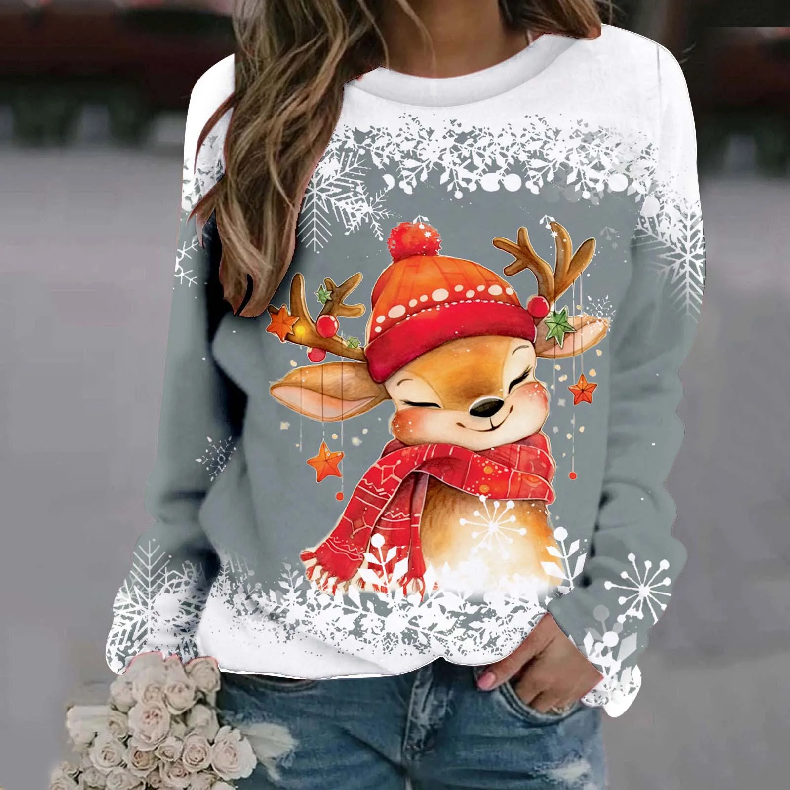 

Cute Reindeer Hoodies Womens Long Sleeve Sweatshirts Ugly New Year O Neck Pollovers Cartoon Sweater Vanatge Elk Pullovers Female