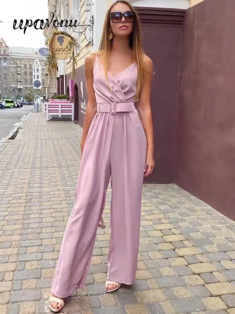 

Free Shipping Summer Elegant Suspender Jumpsuit Women's V-Neck Sleeveless Belt Design Straight Cut Backless Jumpsuit 2022 New