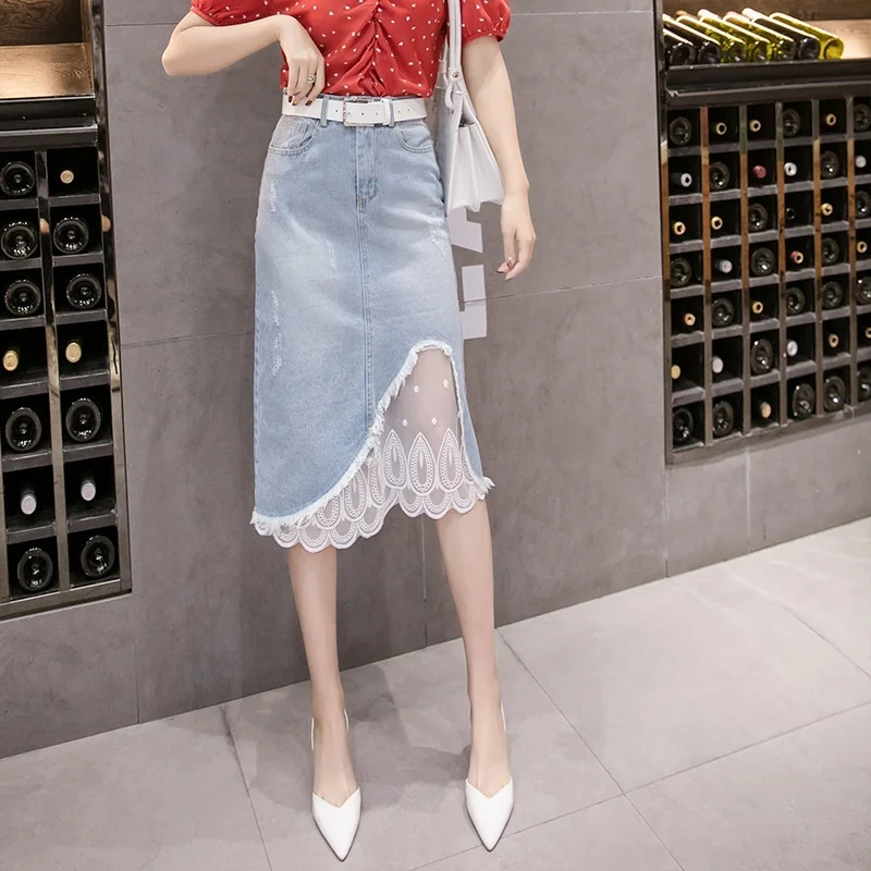 Summer Women Holes Knee-Length Elegant A-line Jean Skirts Female Lace Patchwork High Waist Slim Denim Skirt New Mesh Streetwear