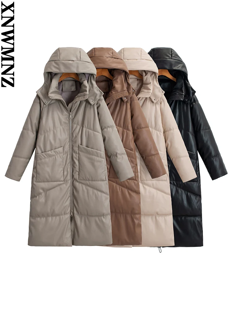 XNWMNZ New woman Faux Leather Thermal Hooded long Cotton coat Windproof Warm Female High Quality winter Coats Parker Outerwear