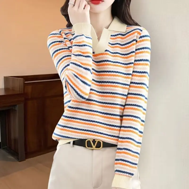 

Женская трикотажная рубашка-поло в полоску, с длинным рукавом
