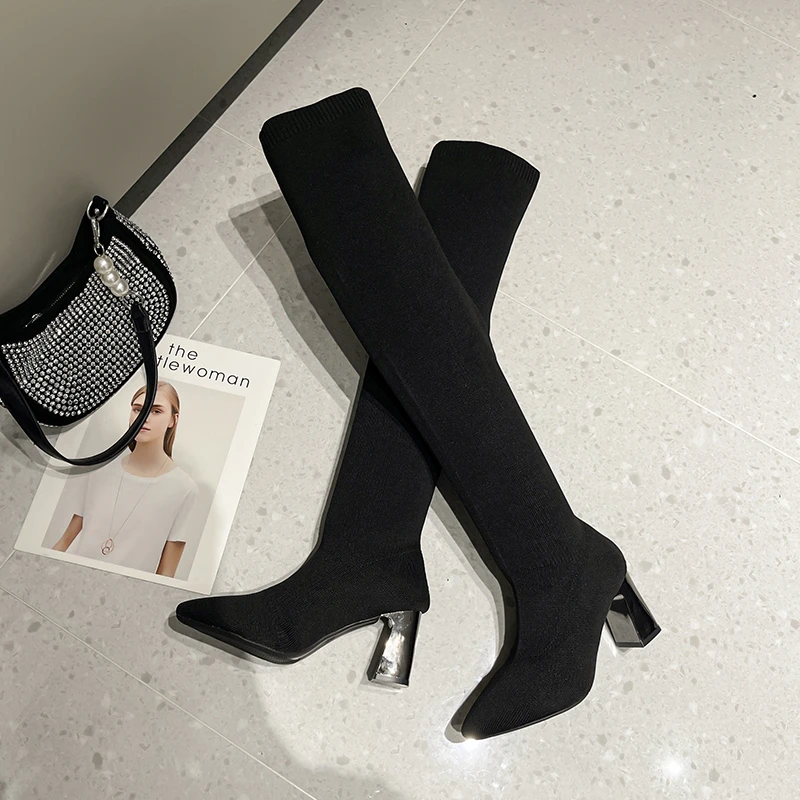 Winter New Fashion Pointed Toe Square High Heels Stretch Fabric Over The Knee Women Shoes Boots Botas Thigh High Boots