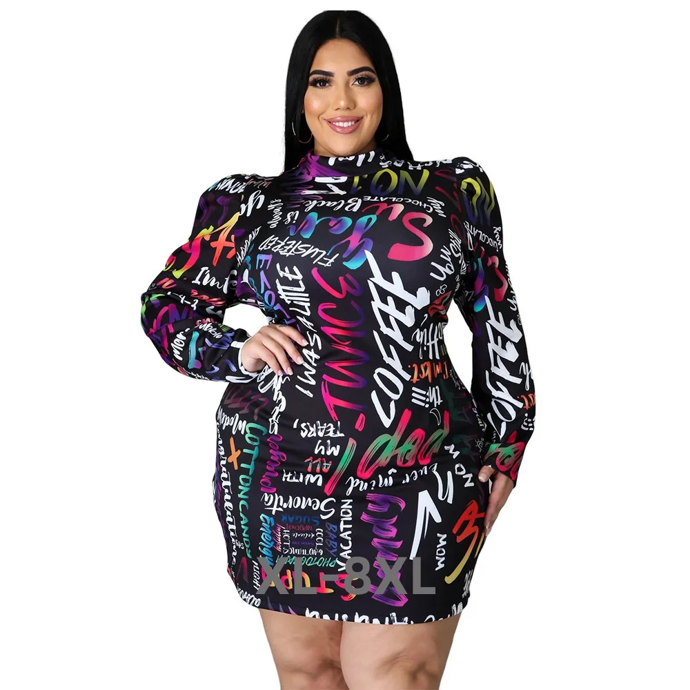 

Plus Size Dresses Woman Party Turtleneck Letter Print Zipper Back Sexy Mini Dress High Quality Wholesal 3xl 4xl 5xl 6xl