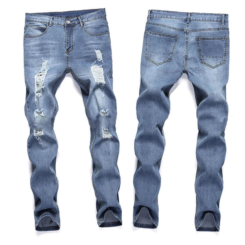 Fashion Ripped Jeans Men Solid Color Stretch Slim Fit Skinny Jean Homme Casual Denim Trousers Streetwear Blue Black S-3XL
