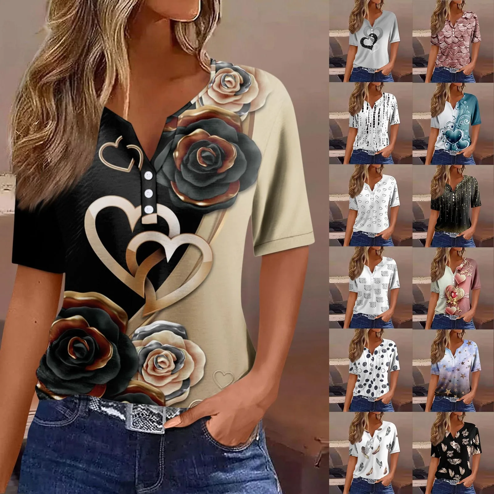 Блузка женская с V-образным вырезом и коротким рукавом на пуговицах