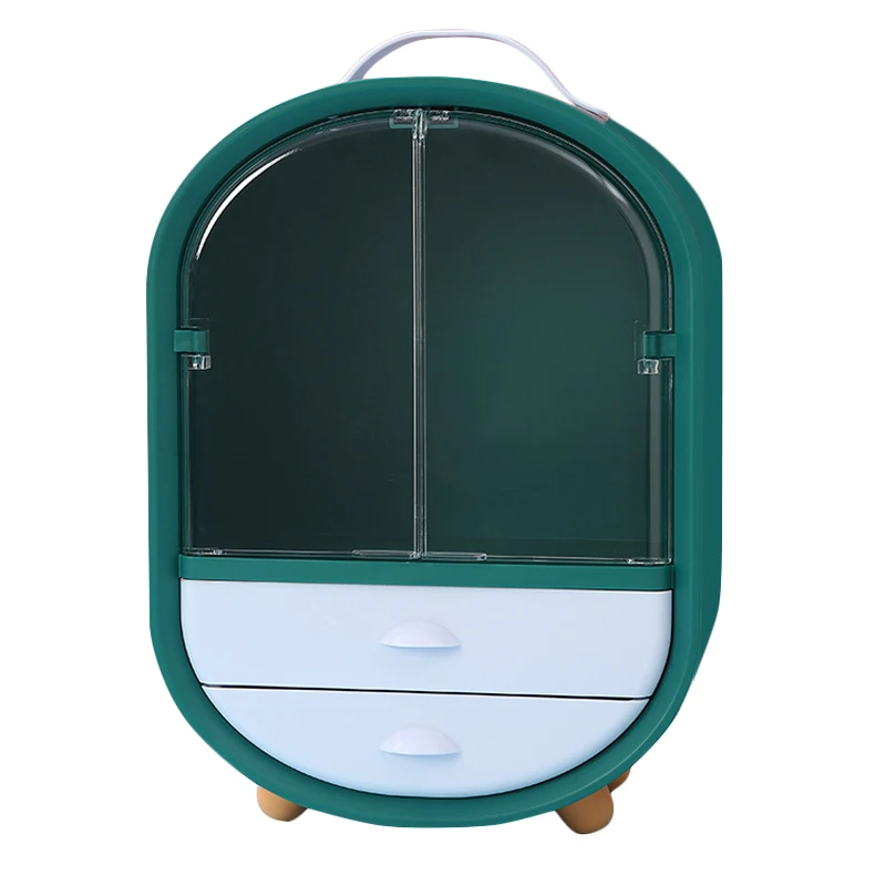 

Green Multifunctional Makeup Organizer With Dustproof Cover Drawers Jewelry Cosmetic Storage Skin Care Products Rack