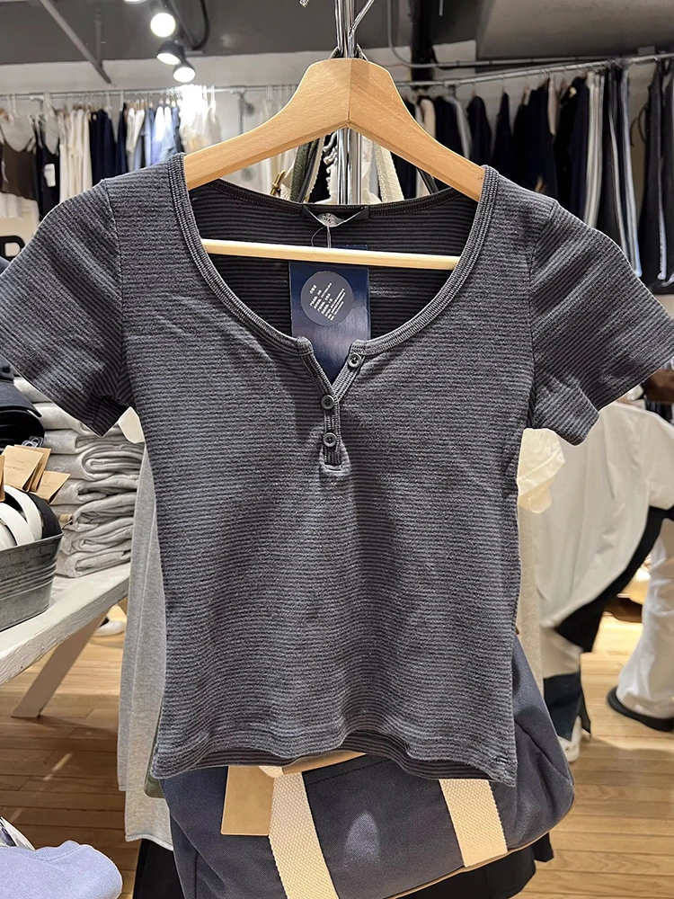 

Кроп-Топ женский хлопковый в полоску, приталенный винтажный базовый повседневный уличный топ с круглым вырезом, на пуговицах, в стиле Харадзюку, с коротким рукавом, на лето