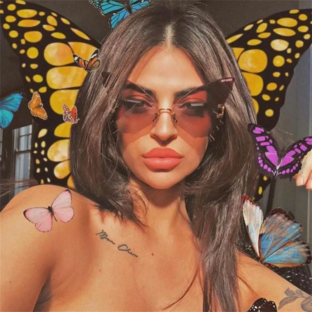 

Brand Design Fashion Butterfly Frame Glasses Frameless Shaped Color Sunglasses Driving Goggle Ocean Flake Eyewear Beach Eyewear