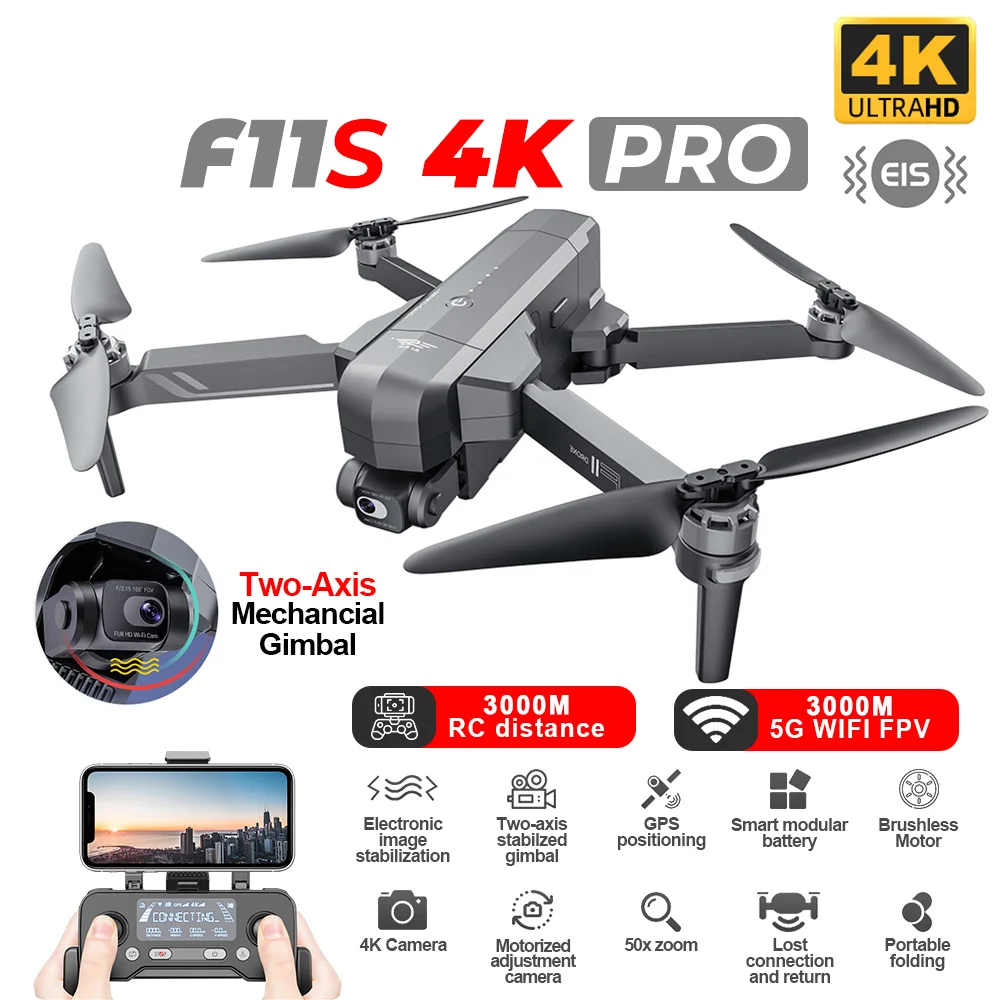 

F11S 4K Pro GPS Drone 4K Profesional HD Camera Dron RC Helicopter 5G WiFi FPV EIS 2-Axis Gimbal Brushless 3KM RC Quadcopter