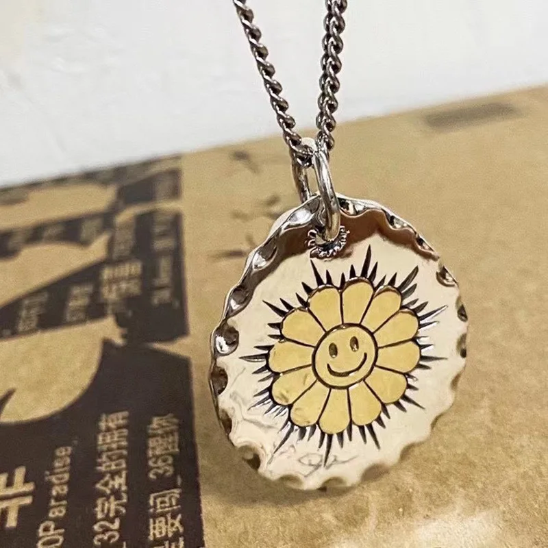 

joker character ins hip-hop sunflower smile S925 pure silver necklace pendant street couples women
