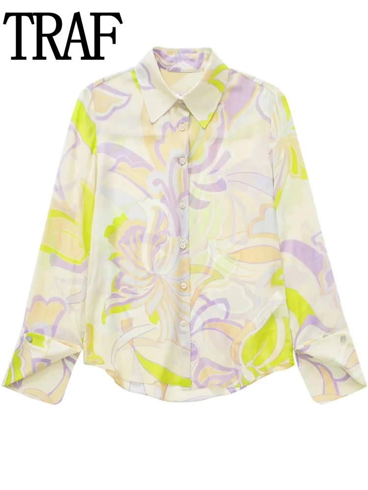 

TRAF 2022 Floral Blouse Button Up Shirts Woman Collared Semi Sheer Print Shirt Women Vintage Long Sleeve Top Female Summer Tops