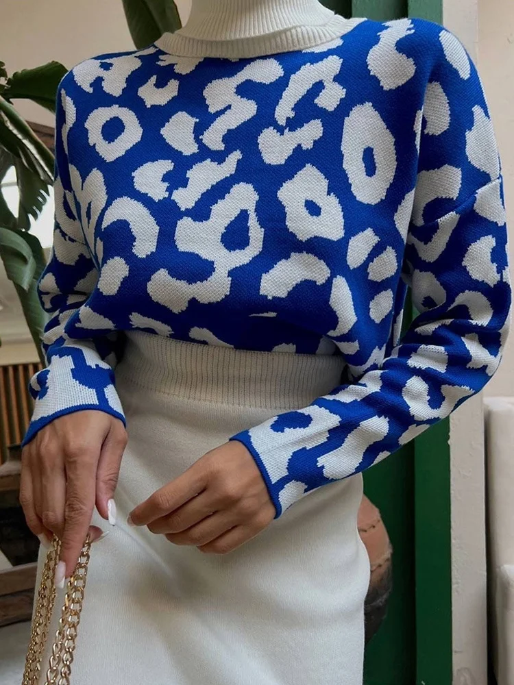 

Женский свитер с леопардовым принтом, водолазка, вязаный Универсальный пуловер с длинным рукавом, Женский Повседневный теплый джемпер на о...