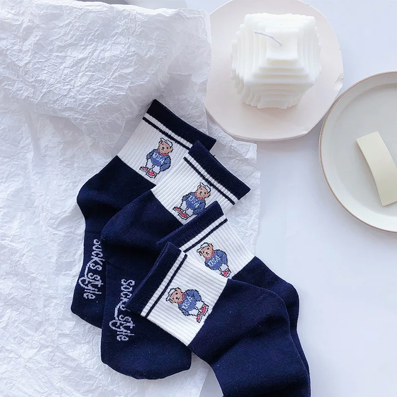 5 Pairs Embroidery Blue Men's Socks Bear Female Spring And Autumn Harajuku Cartoon Gentleman Breathable Business Christmas Gift